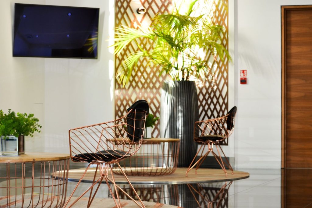 Modern office lounge area with copper wire chairs, wooden table, indoor plants, and contemporary styling